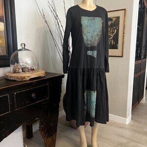 VITAL SIGNS Hand Blocked Print Dress "the dancers" round neck long sleeve maxi